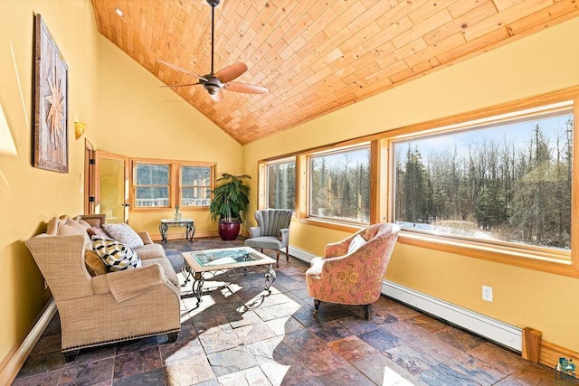 sunroom with a baseboard heating unit and lofted ceiling