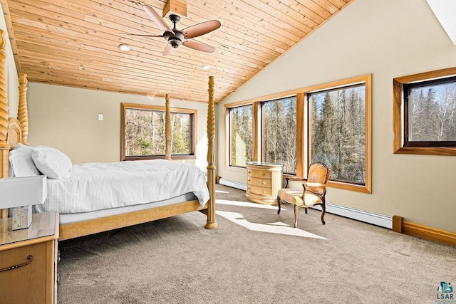 carpeted bedroom featuring a baseboard heating unit, lofted ceiling, wood ceiling, baseboards, and baseboard heating