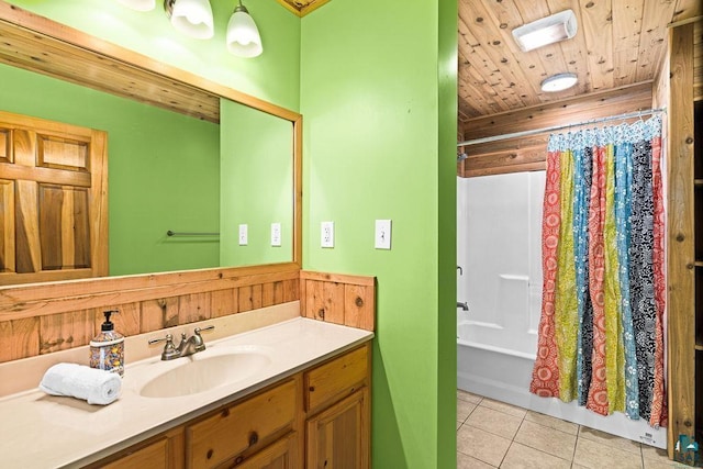full bath with tile patterned flooring, wood ceiling, vanity, and shower / tub combo with curtain