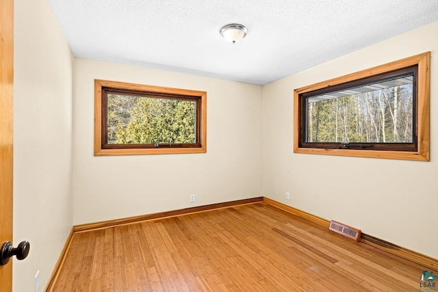 spare room with plenty of natural light, baseboards, light wood-type flooring, and a textured ceiling
