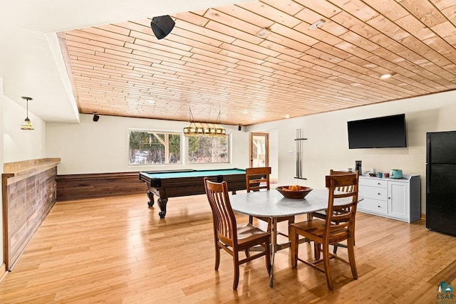 playroom featuring billiards table, light wood-type flooring, and wood ceiling