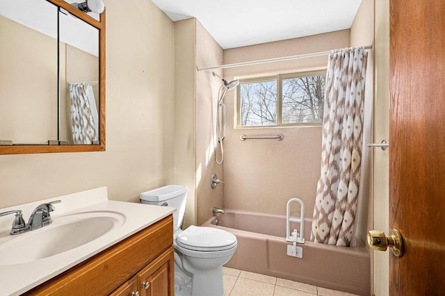 bathroom featuring tile patterned flooring, toilet, vanity, and shower / tub combo with curtain