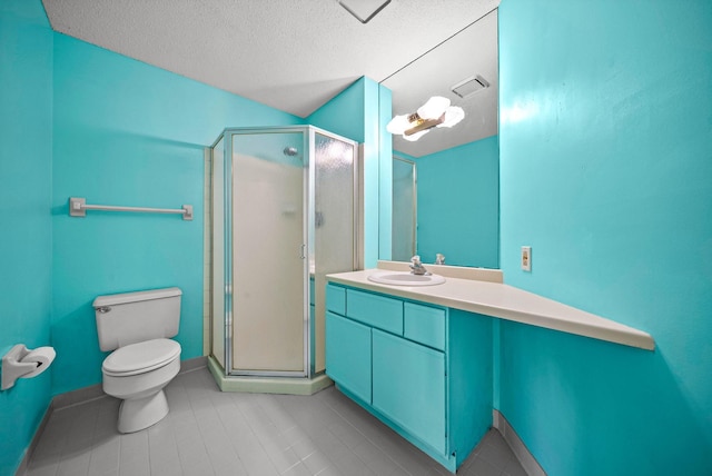 bathroom featuring visible vents, a shower stall, toilet, and vanity