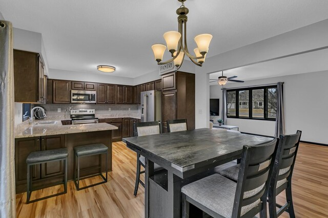 kitchen featuring light wood finished floors, tasteful backsplash, dark brown cabinetry, appliances with stainless steel finishes, and a sink