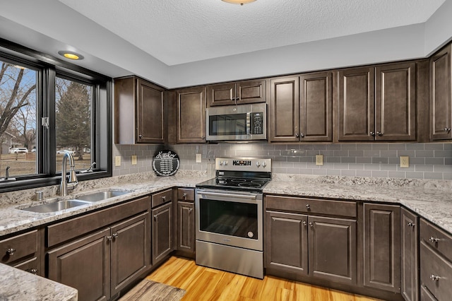 kitchen with light wood-style flooring, a sink, stainless steel appliances, dark brown cabinetry, and tasteful backsplash