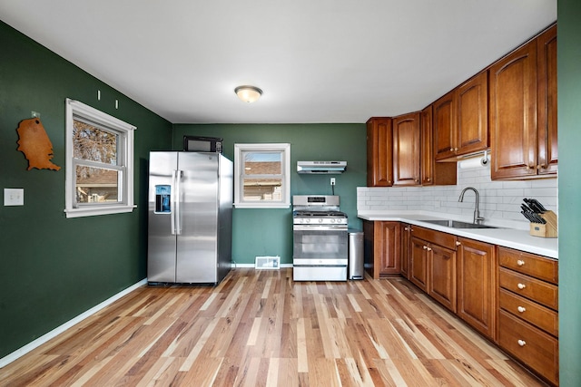 kitchen with light wood finished floors, a sink, decorative backsplash, stainless steel appliances, and under cabinet range hood