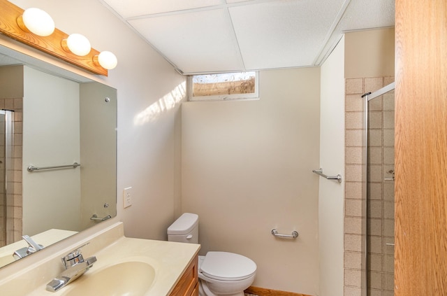 full bathroom featuring vanity, toilet, and tiled shower