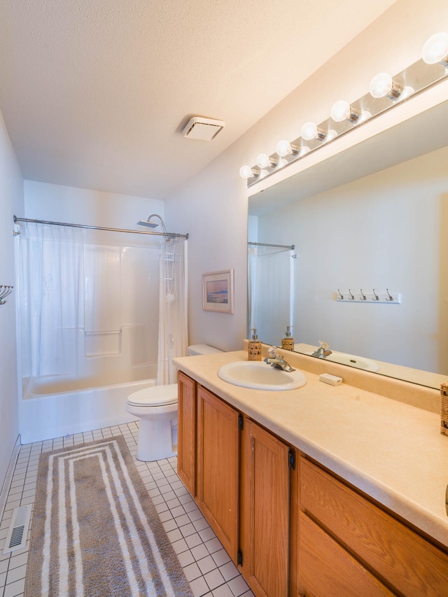 full bath featuring tile patterned flooring, visible vents, toilet, shower / tub combo, and vanity