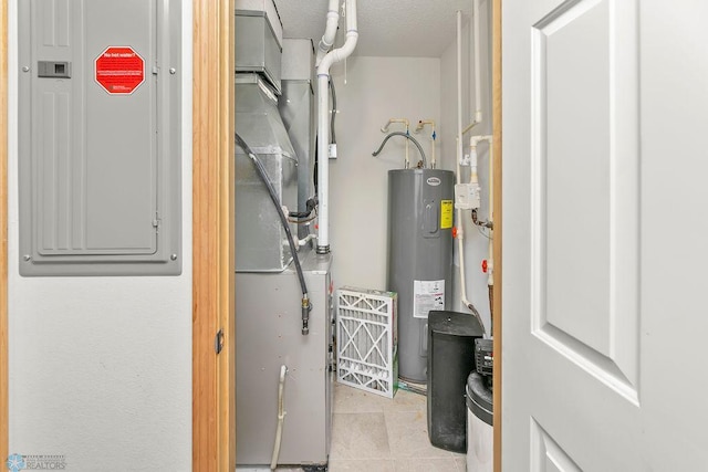 utility room featuring heating unit, electric panel, and water heater