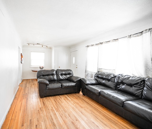 living area with baseboards and light wood-type flooring