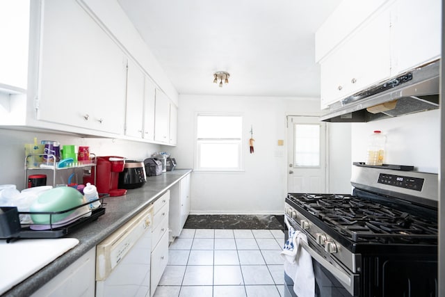 kitchen featuring under cabinet range hood, stainless steel range with gas stovetop, white cabinets, and white dishwasher