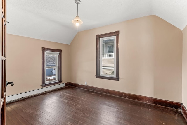 bonus room featuring vaulted ceiling, dark wood-style floors, baseboards, and a baseboard radiator