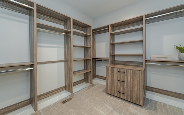 spacious closet with light colored carpet and visible vents