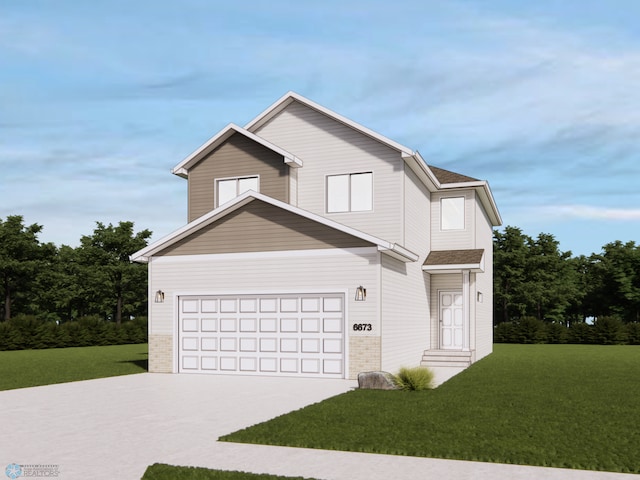 view of front of home with a front yard, concrete driveway, brick siding, and a garage