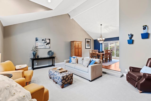 carpeted living room with beamed ceiling, a notable chandelier, baseboards, and high vaulted ceiling