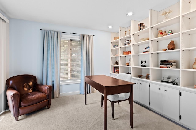 home office featuring light carpet and recessed lighting