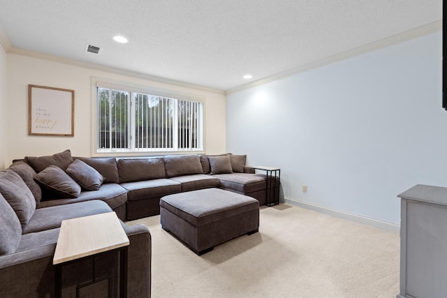 living room featuring visible vents, baseboards, recessed lighting, crown molding, and light colored carpet