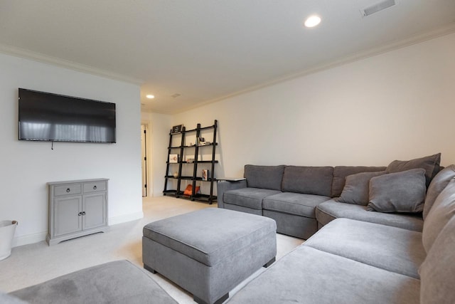 living area featuring visible vents, crown molding, baseboards, light colored carpet, and recessed lighting