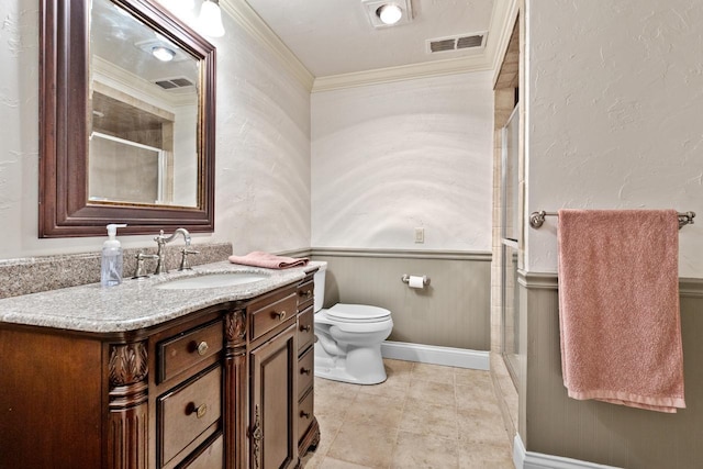 bathroom featuring visible vents, a stall shower, toilet, and crown molding