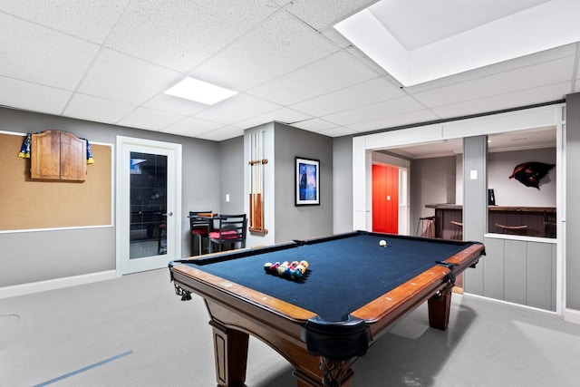 playroom featuring pool table, carpet flooring, a paneled ceiling, and baseboards