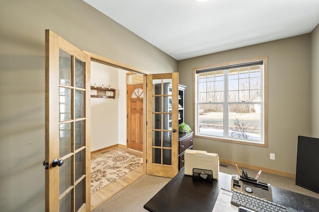 home office featuring french doors and baseboards