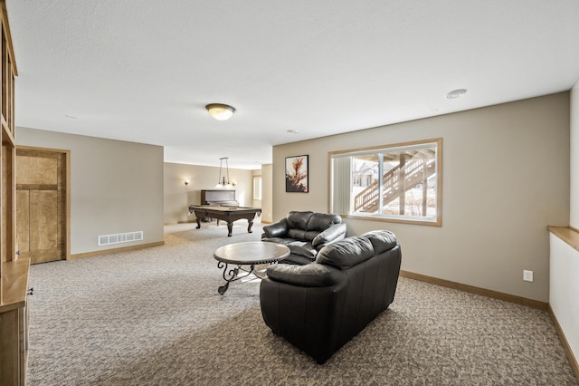 living room featuring visible vents, carpet flooring, billiards, and baseboards