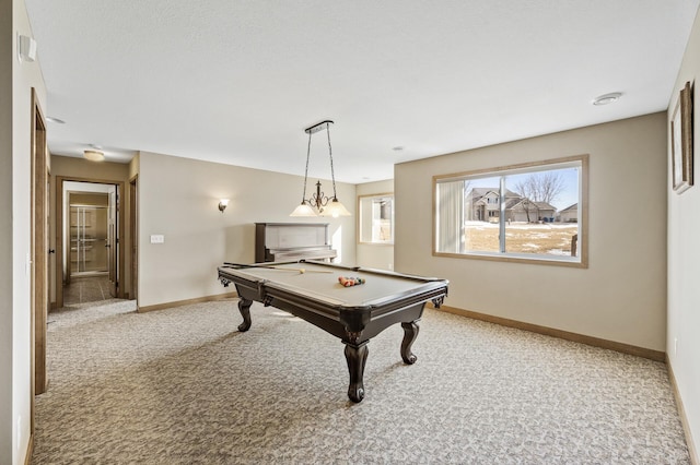 recreation room with baseboards, billiards, and carpet