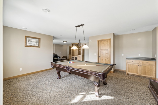 game room featuring recessed lighting, baseboards, carpet floors, and pool table