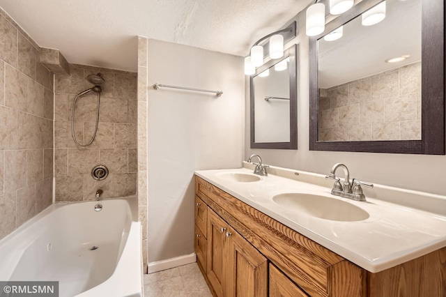 full bath featuring tile patterned flooring, shower / washtub combination, double vanity, and a sink