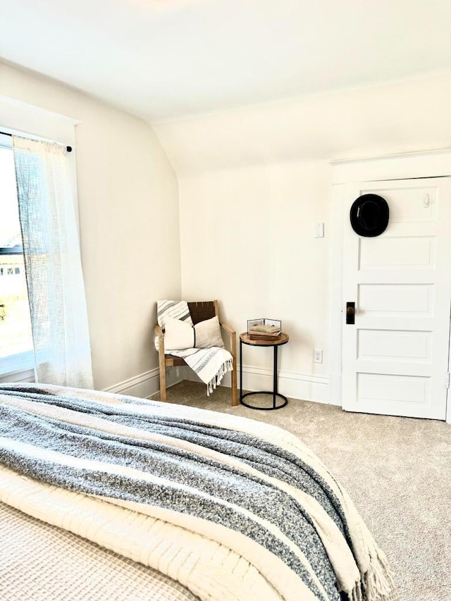 bedroom featuring lofted ceiling, baseboards, and carpet floors