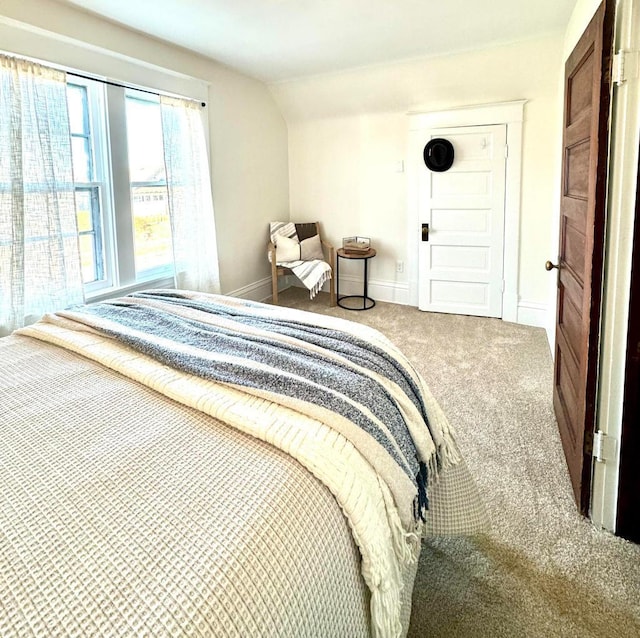 carpeted bedroom featuring baseboards and lofted ceiling