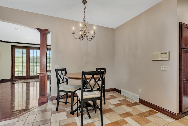 dining area with baseboards, visible vents, ornate columns, recessed lighting, and a chandelier