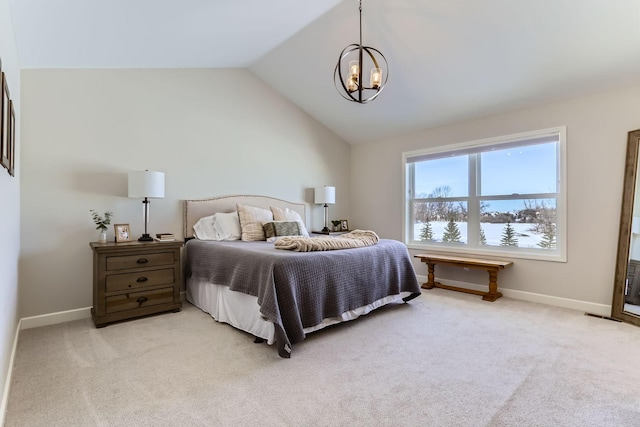 bedroom with vaulted ceiling, light colored carpet, baseboards, and a chandelier