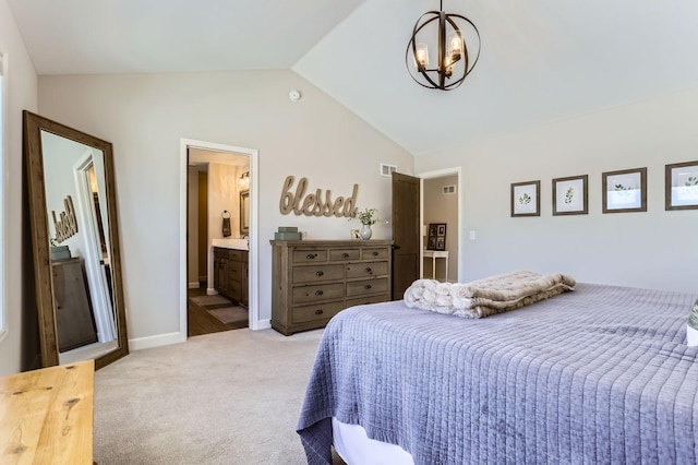 carpeted bedroom featuring visible vents, connected bathroom, baseboards, a chandelier, and vaulted ceiling