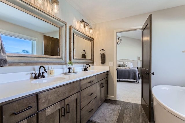 full bathroom featuring a sink, a freestanding tub, wood finished floors, and double vanity