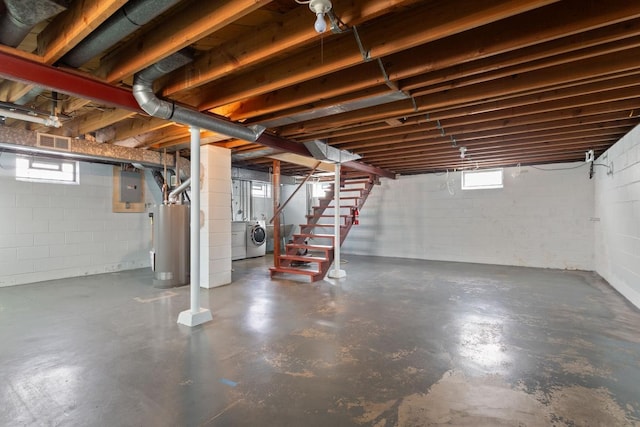 below grade area with visible vents, stairway, water heater, electric panel, and separate washer and dryer