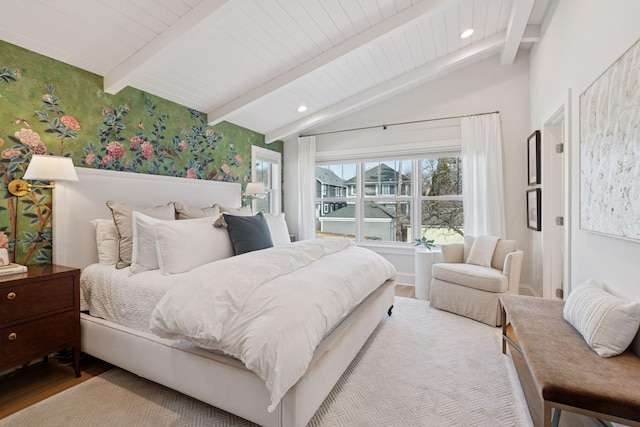 bedroom featuring vaulted ceiling with beams, wood finished floors, and recessed lighting