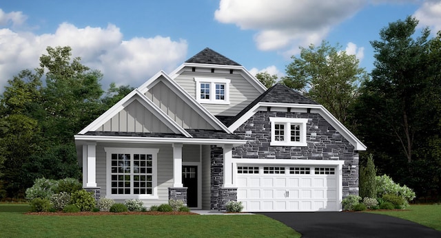 view of front facade with aphalt driveway, stone siding, roof with shingles, board and batten siding, and a front yard