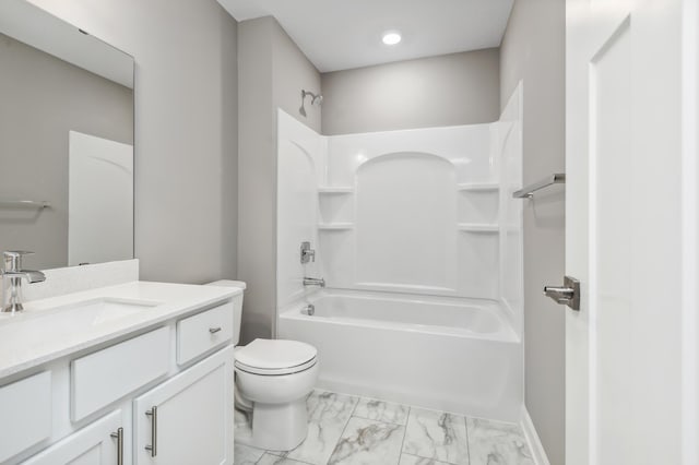 bathroom featuring toilet, marble finish floor, shower / tub combination, baseboards, and vanity