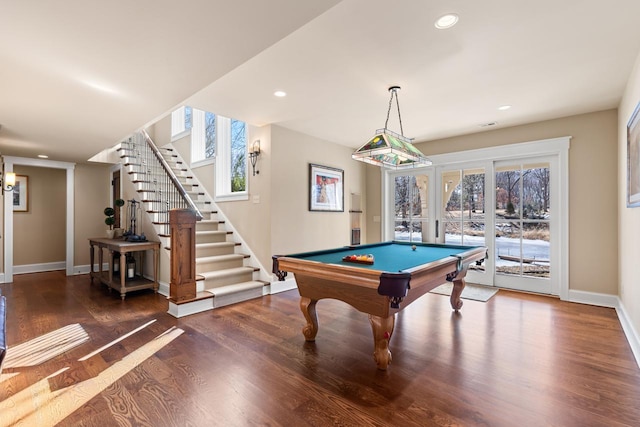 recreation room with recessed lighting, billiards, baseboards, and wood finished floors