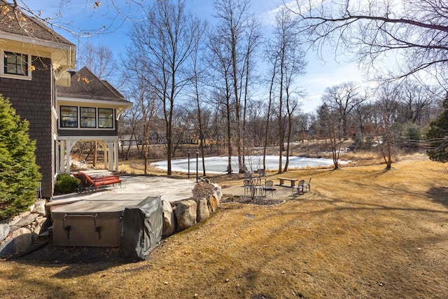 view of yard featuring a patio and a hot tub