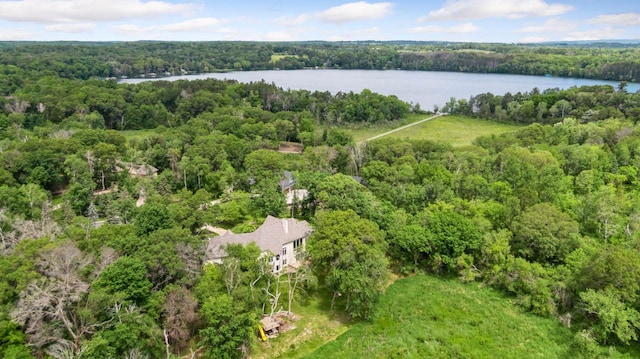 birds eye view of property with a view of trees and a water view