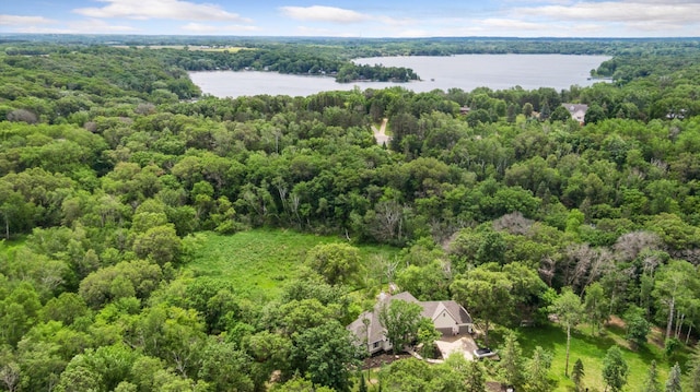 drone / aerial view with a view of trees and a water view