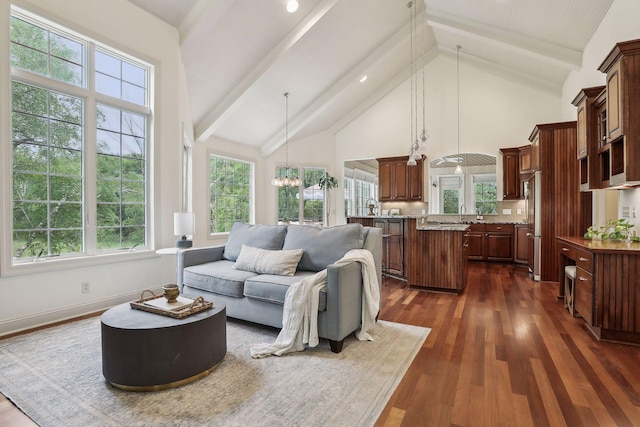 living room with beam ceiling, a healthy amount of sunlight, high vaulted ceiling, and dark wood-type flooring