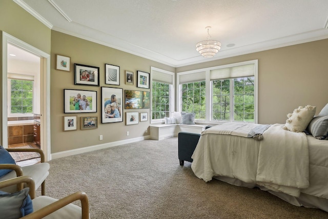 bedroom featuring baseboards, ornamental molding, and carpet flooring