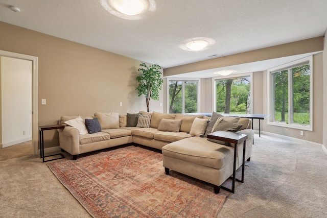 carpeted living room featuring a healthy amount of sunlight, a textured ceiling, and baseboards