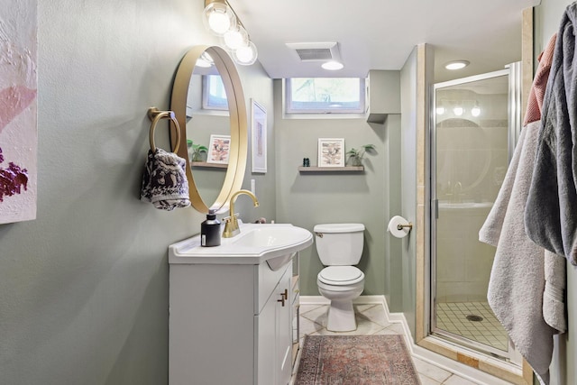 full bathroom featuring tile patterned floors, visible vents, a stall shower, and toilet