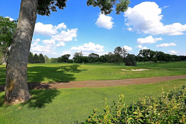 view of community featuring golf course view and a yard