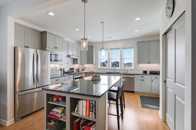 kitchen featuring a sink, open shelves, appliances with stainless steel finishes, and gray cabinetry