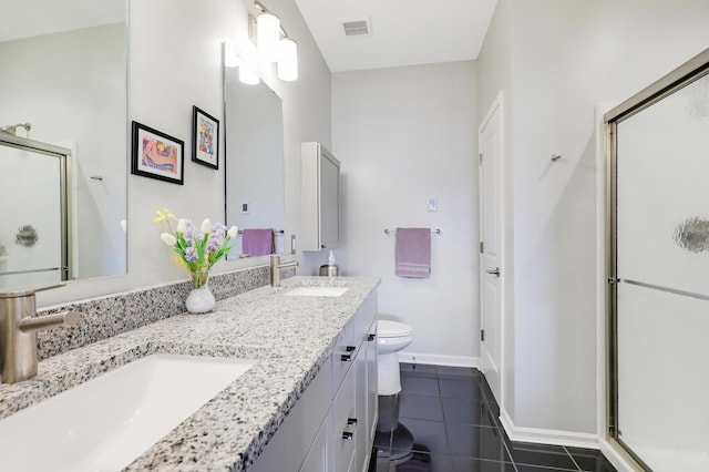 full bath featuring a sink, visible vents, a shower stall, and tile patterned flooring